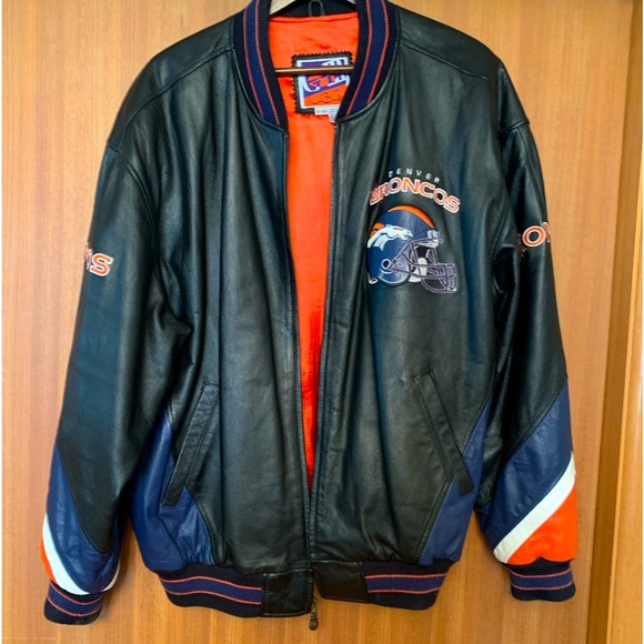 All leather “Denver Broncos” black and navy leather coat, fully lined - Picture 1 of 12